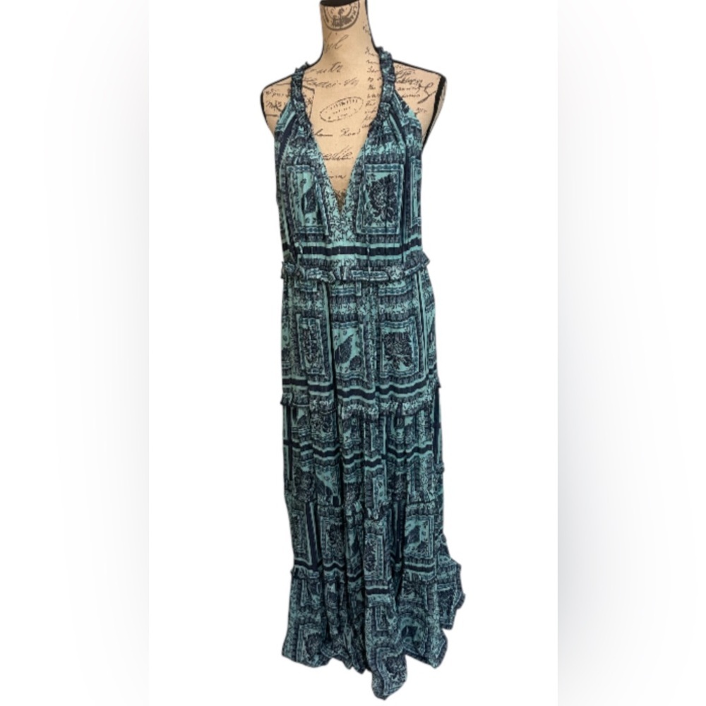 PQ Swim Halter Tiered Maxi Dress Blue Boho Metallic Lurex M/L NWOT - Picture 3 of 11
